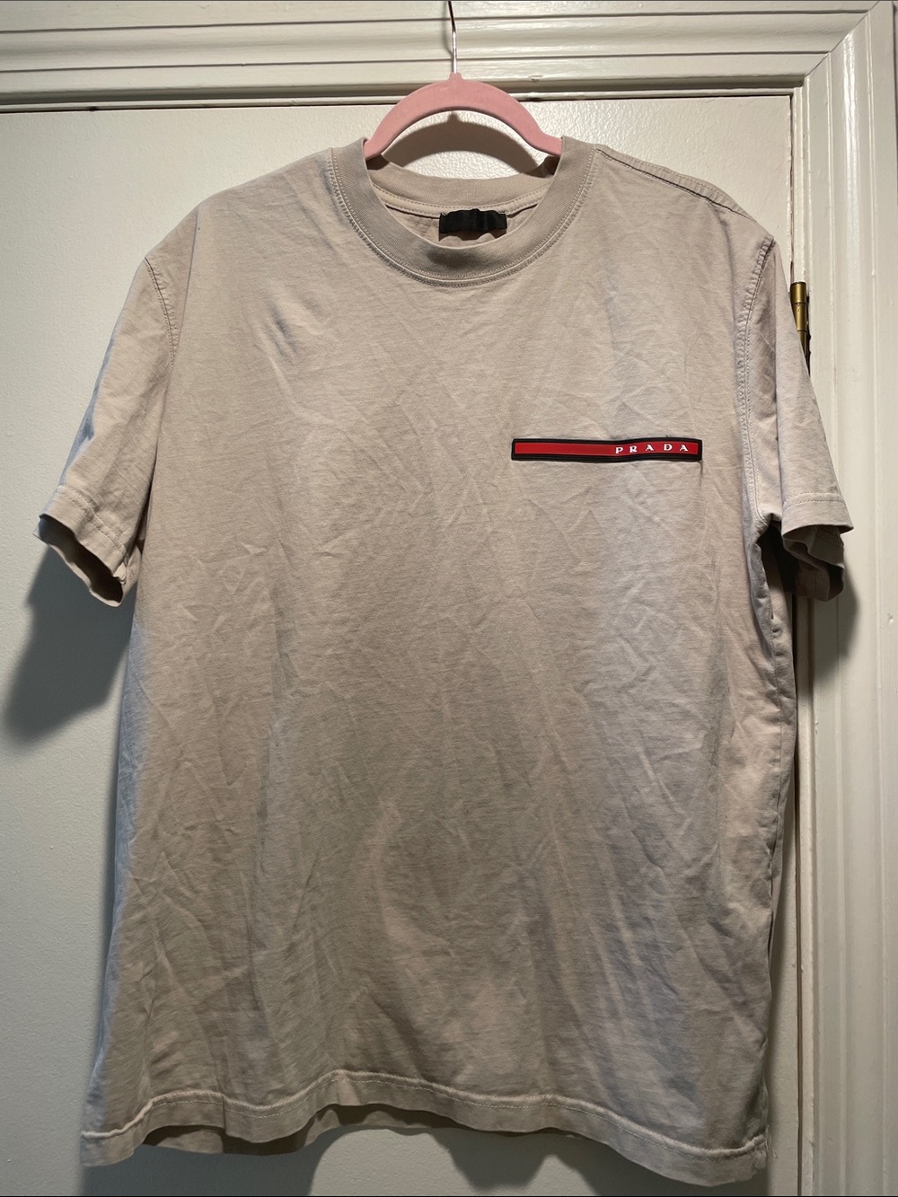 Prada Light Beige Short-Sleeve Crewneck T-Shirt with Red & Black Logo Stripe